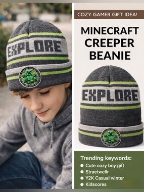 Minecraft Creeper Beanie Hat Kids Gray Green Knit Winter Cap Explore Build Warm